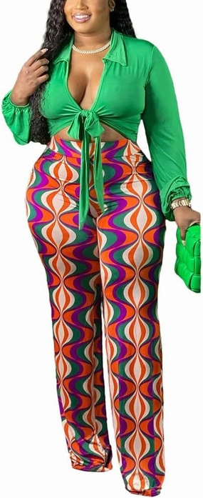 2 Piece Outfits for Women Sexy V Neck Print Shirts Tie Knot Batwing Blouses Crop Top Wide Leg Pants Set