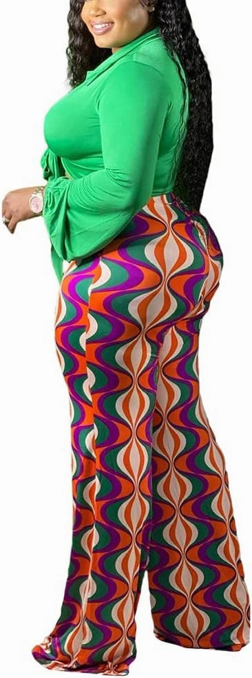 2 Piece Outfits for Women Sexy V Neck Print Shirts Tie Knot Batwing Blouses Crop Top Wide Leg Pants Set