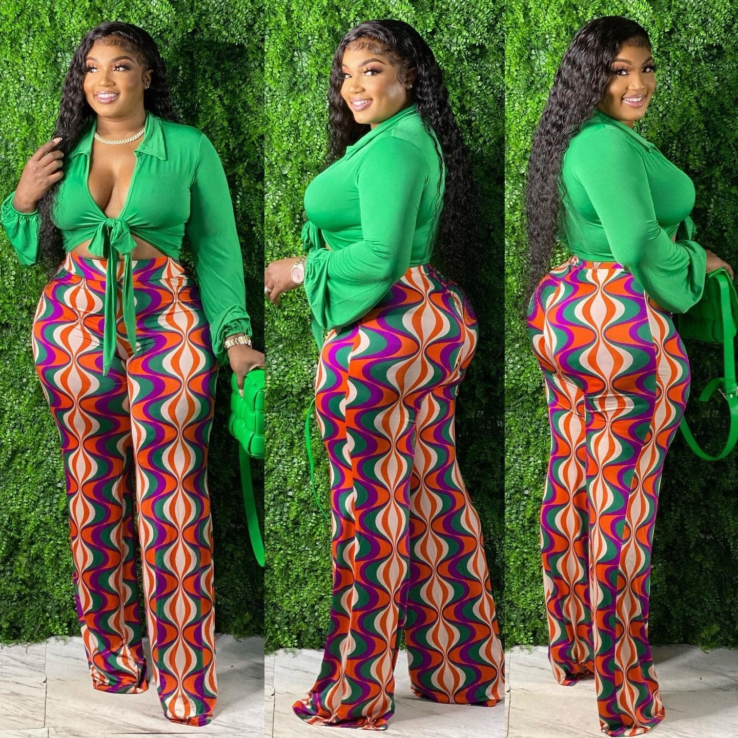 2 Piece Outfits for Women Sexy V Neck Print Shirts Tie Knot Batwing Blouses Crop Top Wide Leg Pants Set