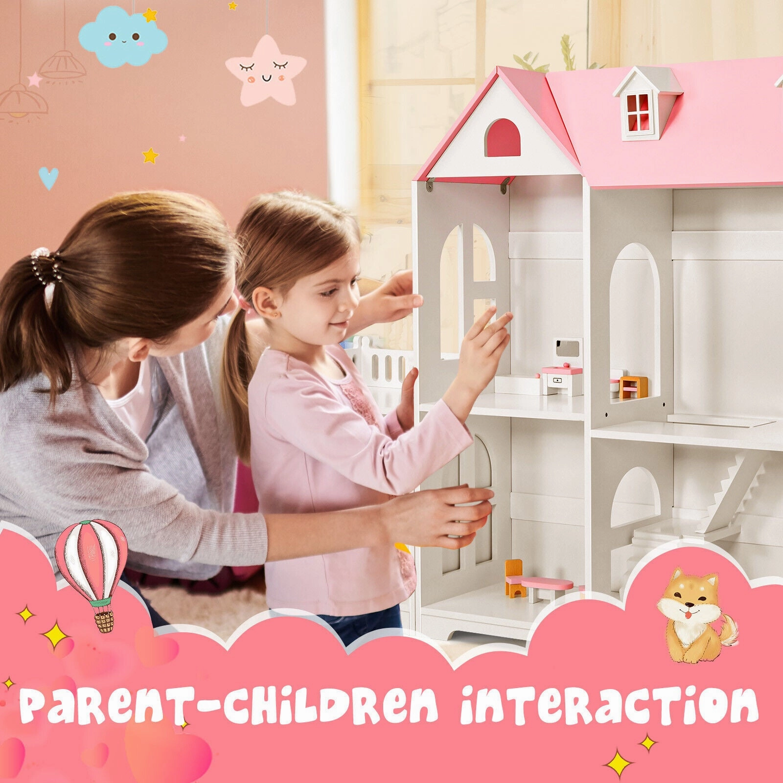 2-Tier Dollhouse Bookcase 2-in-1 Multi-Purpose Children’s Wooden Bookshelf