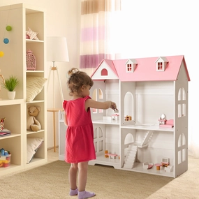 2-Tier Dollhouse Bookcase 2-in-1 Multi-Purpose Children’s Wooden Bookshelf