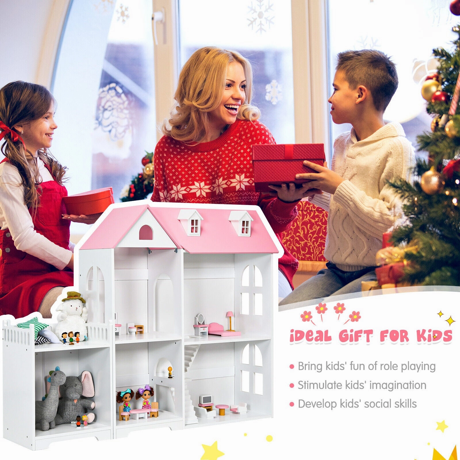 2-Tier Dollhouse Bookcase 2-in-1 Multi-Purpose Children’s Wooden Bookshelf