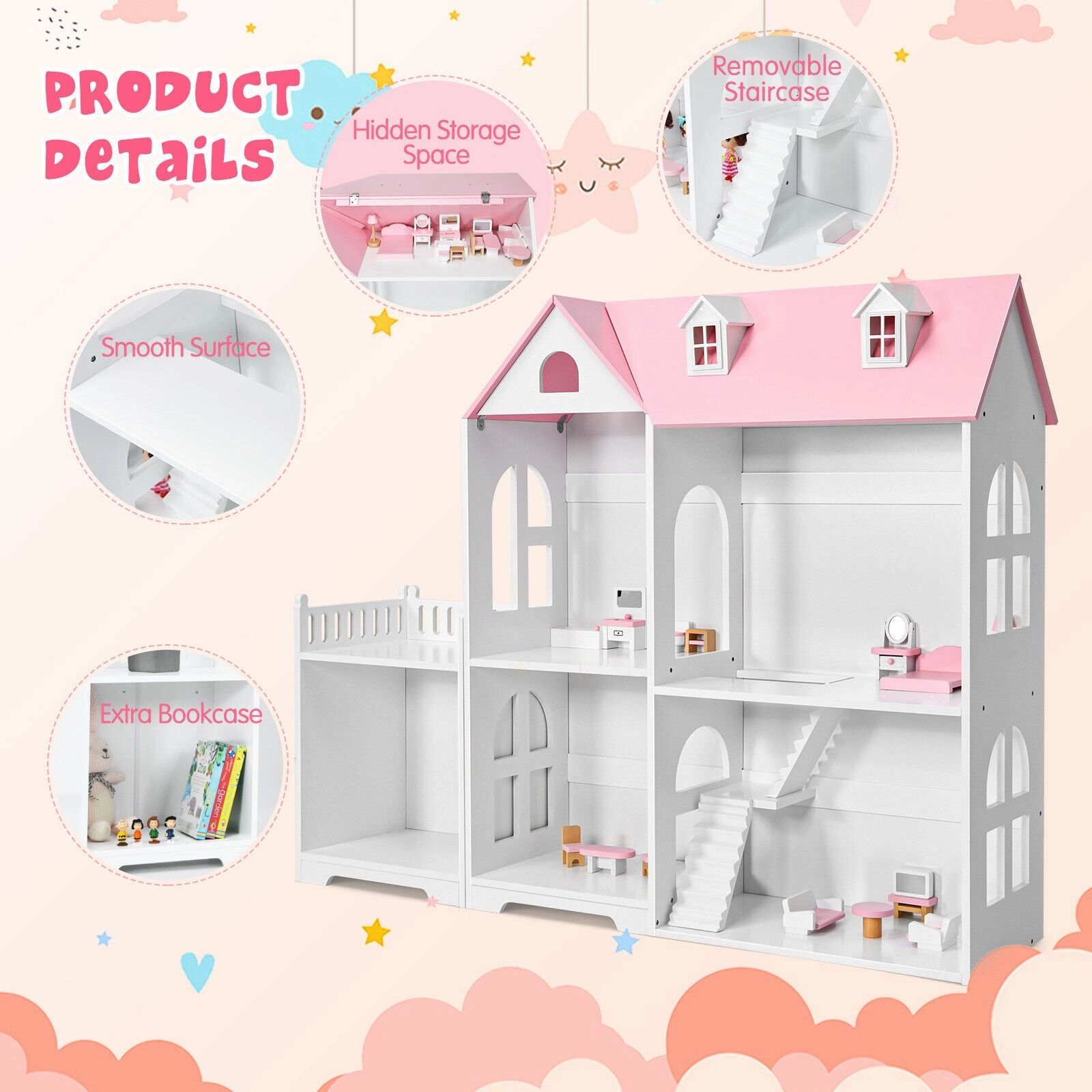 2-Tier Dollhouse Bookcase 2-in-1 Multi-Purpose Children’s Wooden Bookshelf