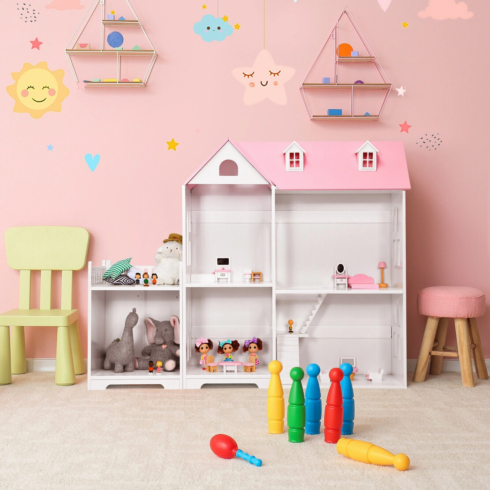 2-Tier Dollhouse Bookcase 2-in-1 Multi-Purpose Children’s Wooden Bookshelf