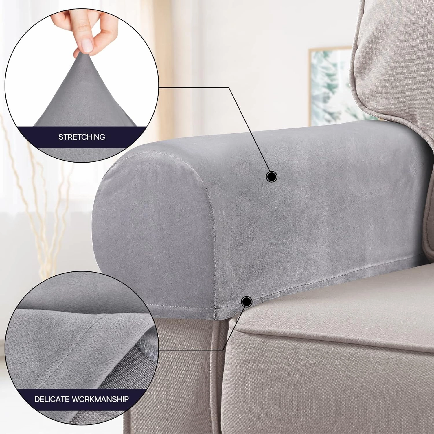 2Pcs Light Grey Armrest Covers, Washable Stretch Couch Arm Covers Couch Sofa Armchair Slipcovers for Chairs Sofa Furniture Protector Recliner Sofa