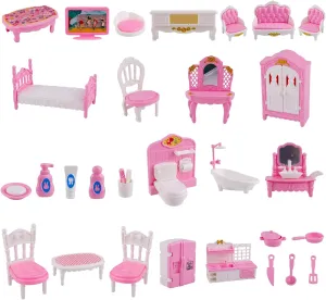 32pcs Miniature Dollhouse Furniture Accessories Set, 1:12 Scale Mini House Furniture Gift Tiny Bedroom Living Room Bathroom Kitchen Mini Scene Pretend Play Toy for Kids Girls Birthday (Pink)