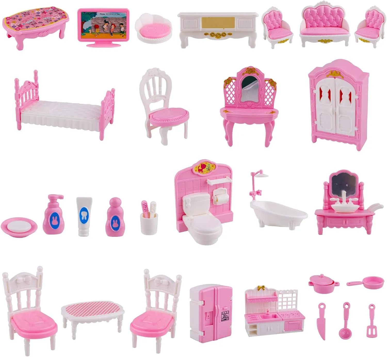 32pcs Miniature Dollhouse Furniture Accessories Set, 1:12 Scale Mini House Furniture Gift Tiny Bedroom Living Room Bathroom Kitchen Mini Scene Pretend Play Toy for Kids Girls Birthday (Pink)