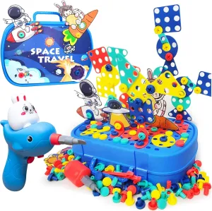 370pcs Screw Tightening Kids Play Toolbox Set Building Blocks,Slow Speed Electric Safty Hand Drill Screwdriver, Creative Toddlers Mosaic Puzzle Educational Construction Engineering Toys Series
