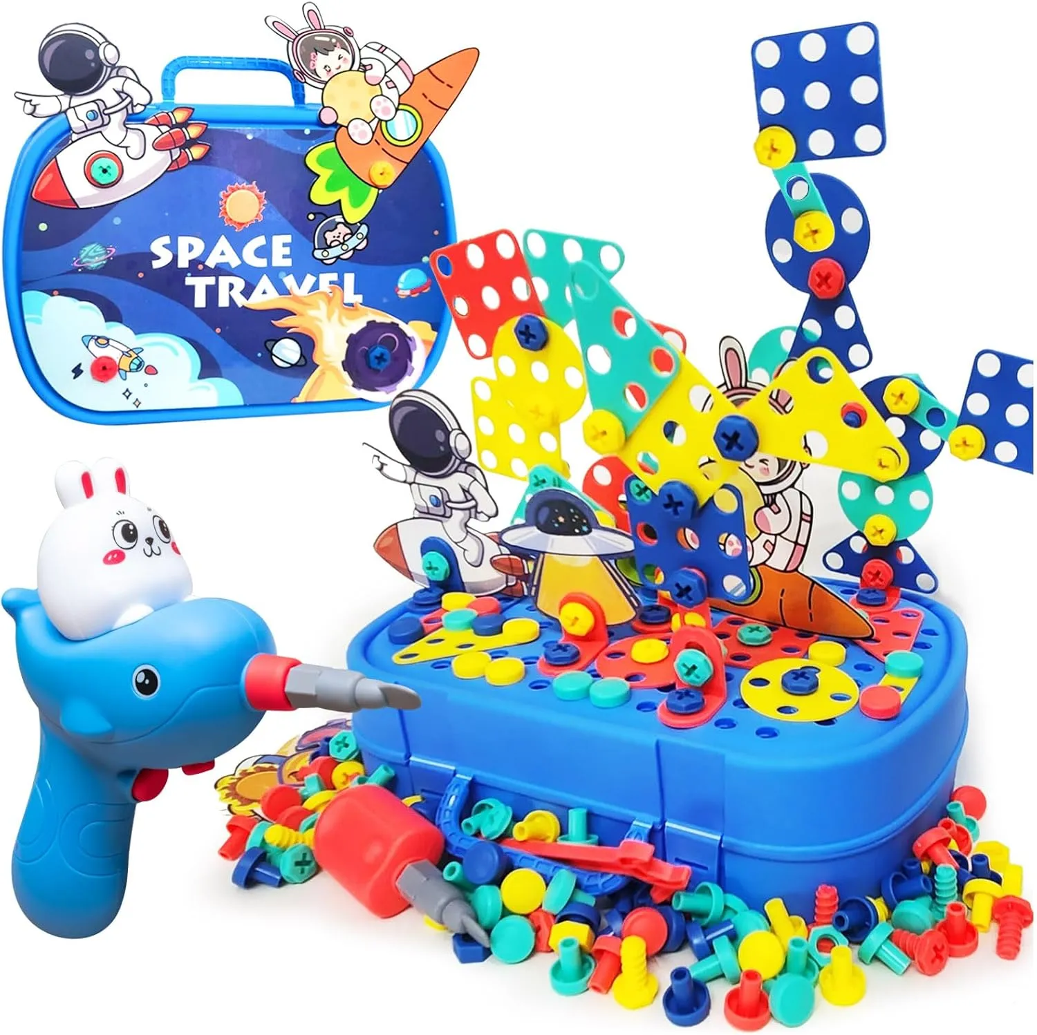 370pcs Screw Tightening Kids Play Toolbox Set Building Blocks,Slow Speed Electric Safty Hand Drill Screwdriver, Creative Toddlers Mosaic Puzzle Educational Construction Engineering Toys Series