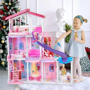 3.9 x 3.5-FT Plastic Doll House with Pool, Slide & Furniture Accessories, 3-Story Assembled Dollhouse for 12' Doll, with Lights & Music, Gift for 3-7 Year Olds