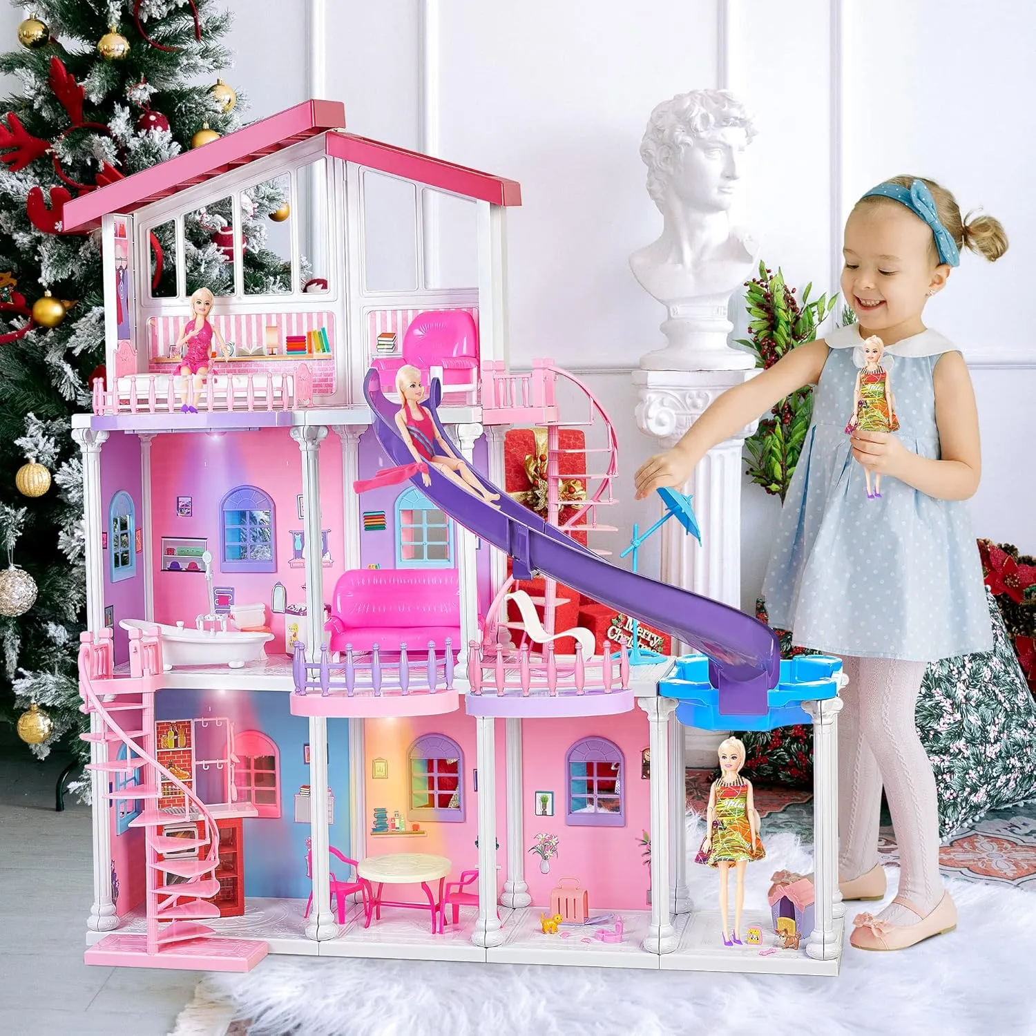 3.9 x 3.5-FT Plastic Doll House with Pool, Slide & Furniture Accessories, 3-Story Assembled Dollhouse for 12' Doll, with Lights & Music, Gift for 3-7 Year Olds