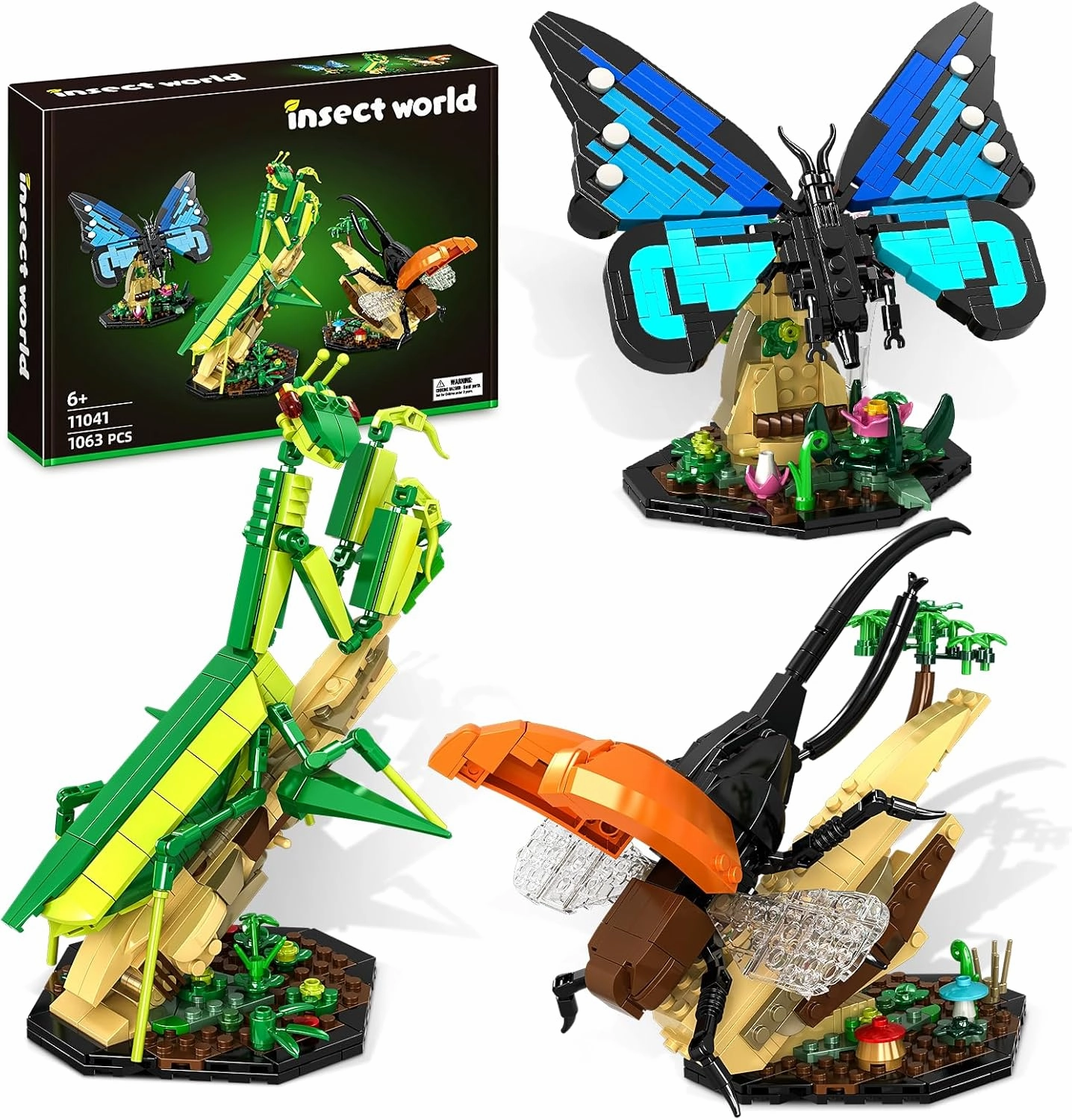 3 in 1 Insect Collection Building Toy Set, with Life-Size Blue Butterfly, Mantis and Bug Display Models for Nature Lovers, Office Home Decorative Ideal Fun Gift for Adults Kid 6 