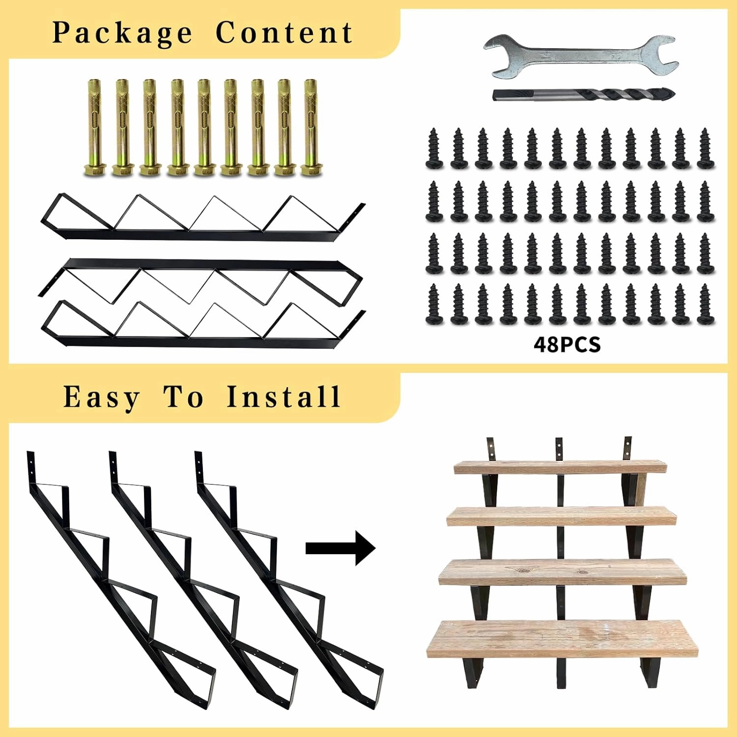 3 Packs Metal Stair Step Stringers, 4 Step Steel Riser Stringer for 34.7inch Height Deck(Polished Black)