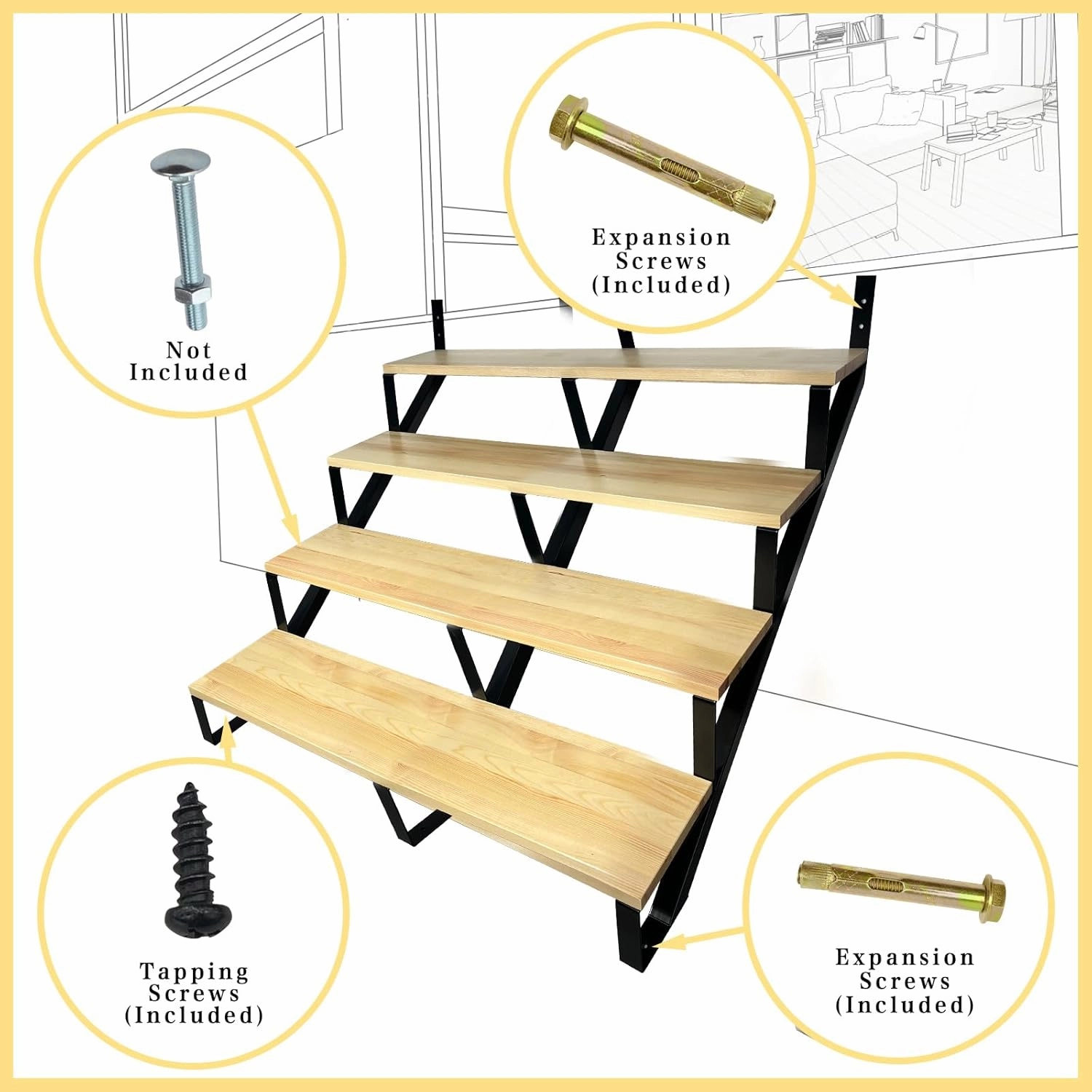 3 Packs Metal Stair Step Stringers, 4 Step Steel Riser Stringer for 34.7inch Height Deck(Polished Black)