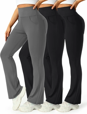3 Packs Womens High Waist Flare Pants-Flare Yoga Pants，Yoga Pants with Pockets - High Waist and Wide Leg