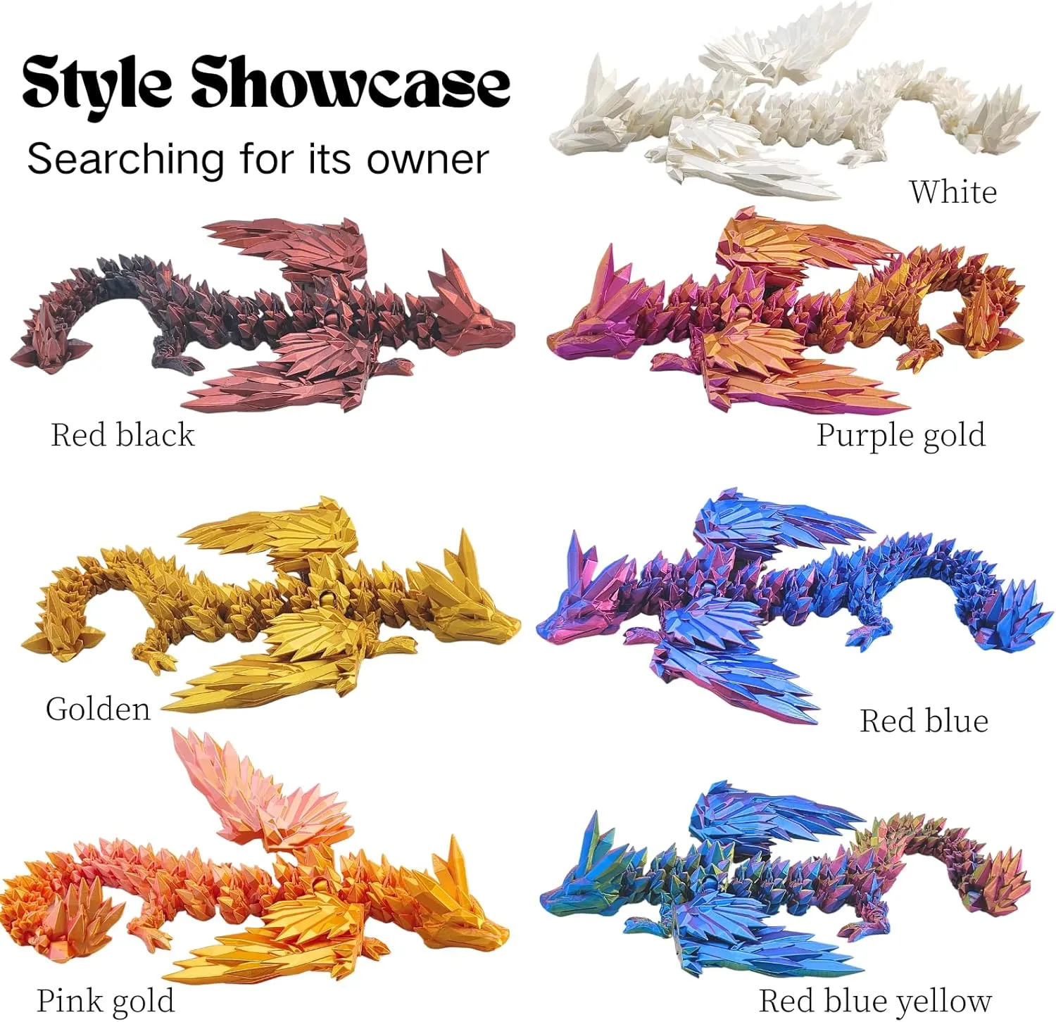 3D Printed Dragon - 18 inch Flying Flexible Dragon with Wings, Home Decor, Birthday Gift, Desk Pet (Red, Blue, Yellow)