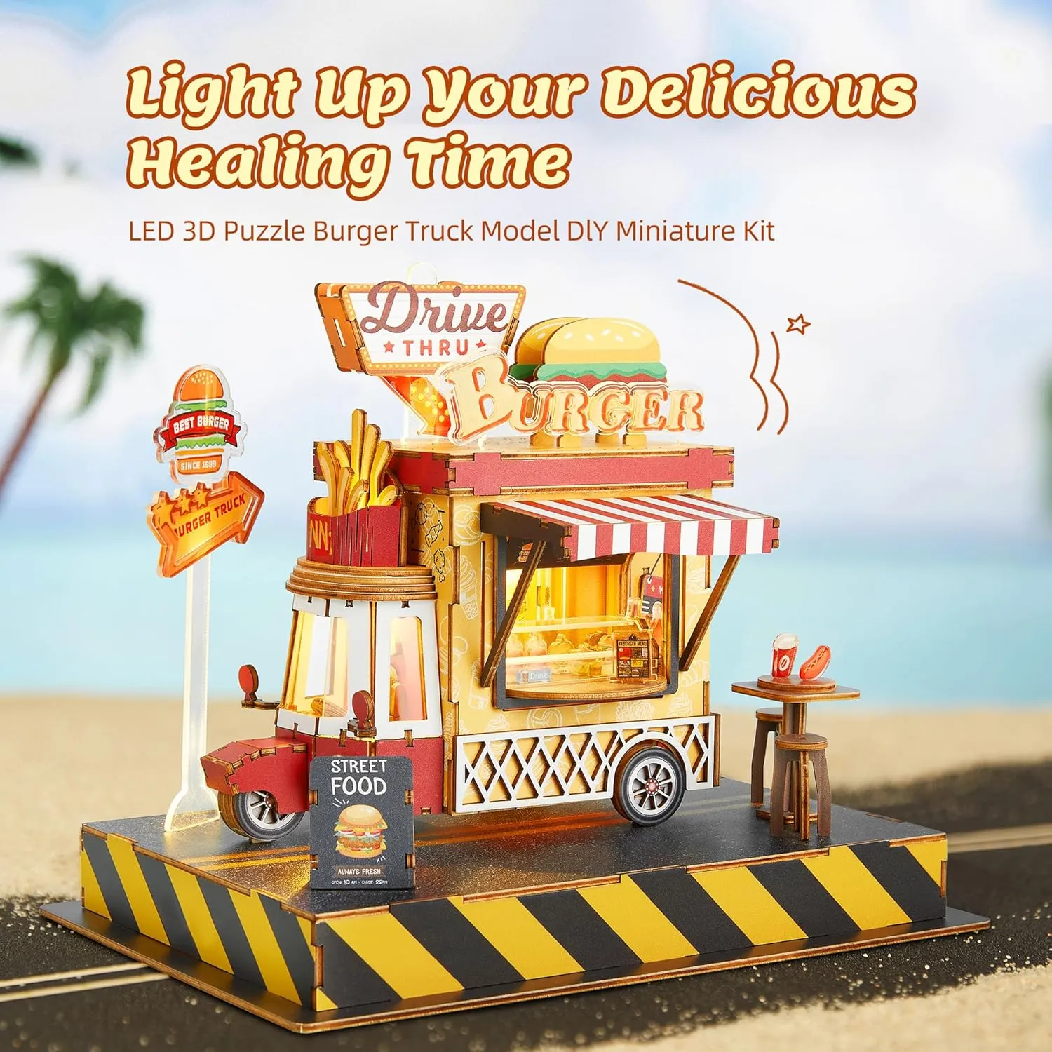 3D Puzzle Burger Truck Model - DIY Miniature Kit Dollhouse Food Truck Wooden Model with LED Lights, Unique Gift for Adults and Kids (Burger Truck)