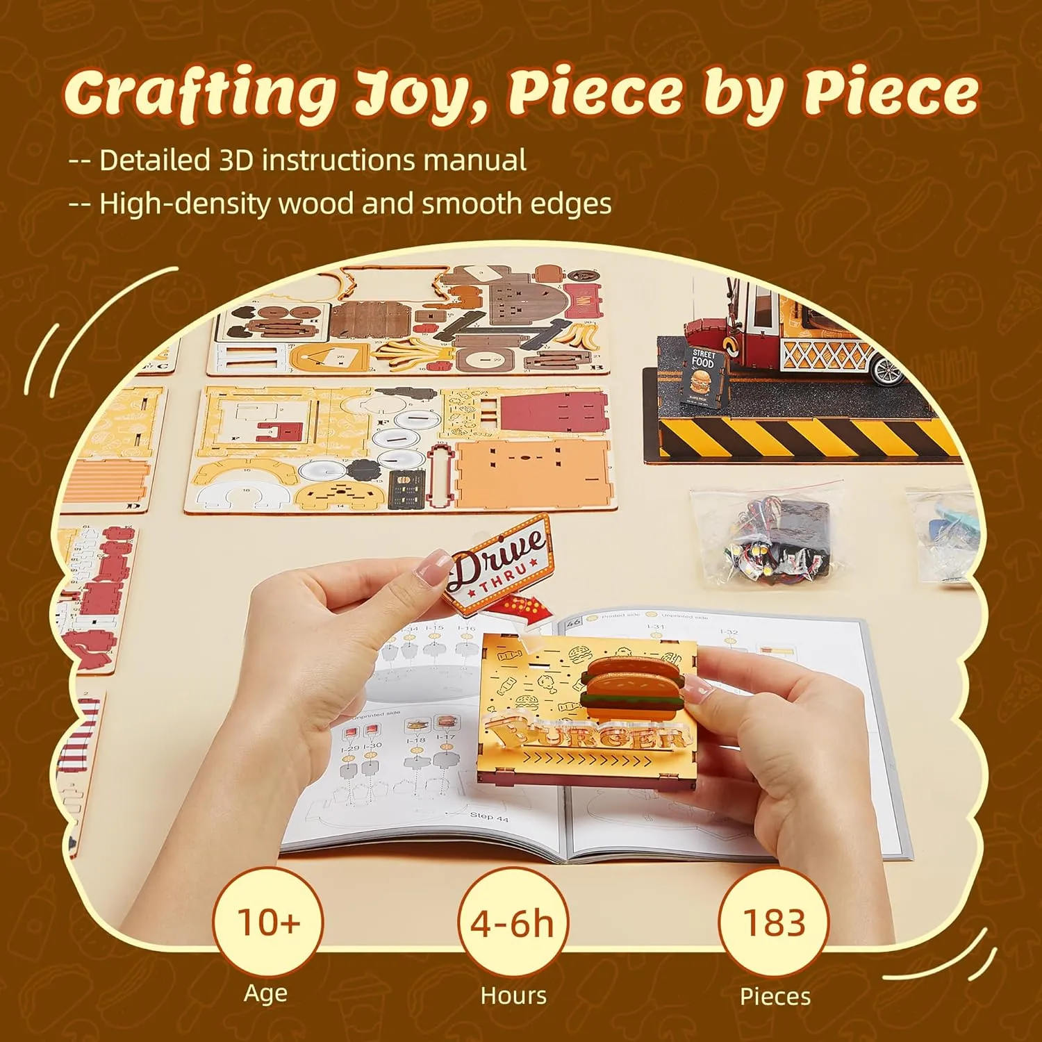 3D Puzzle Burger Truck Model - DIY Miniature Kit Dollhouse Food Truck Wooden Model with LED Lights, Unique Gift for Adults and Kids (Burger Truck)