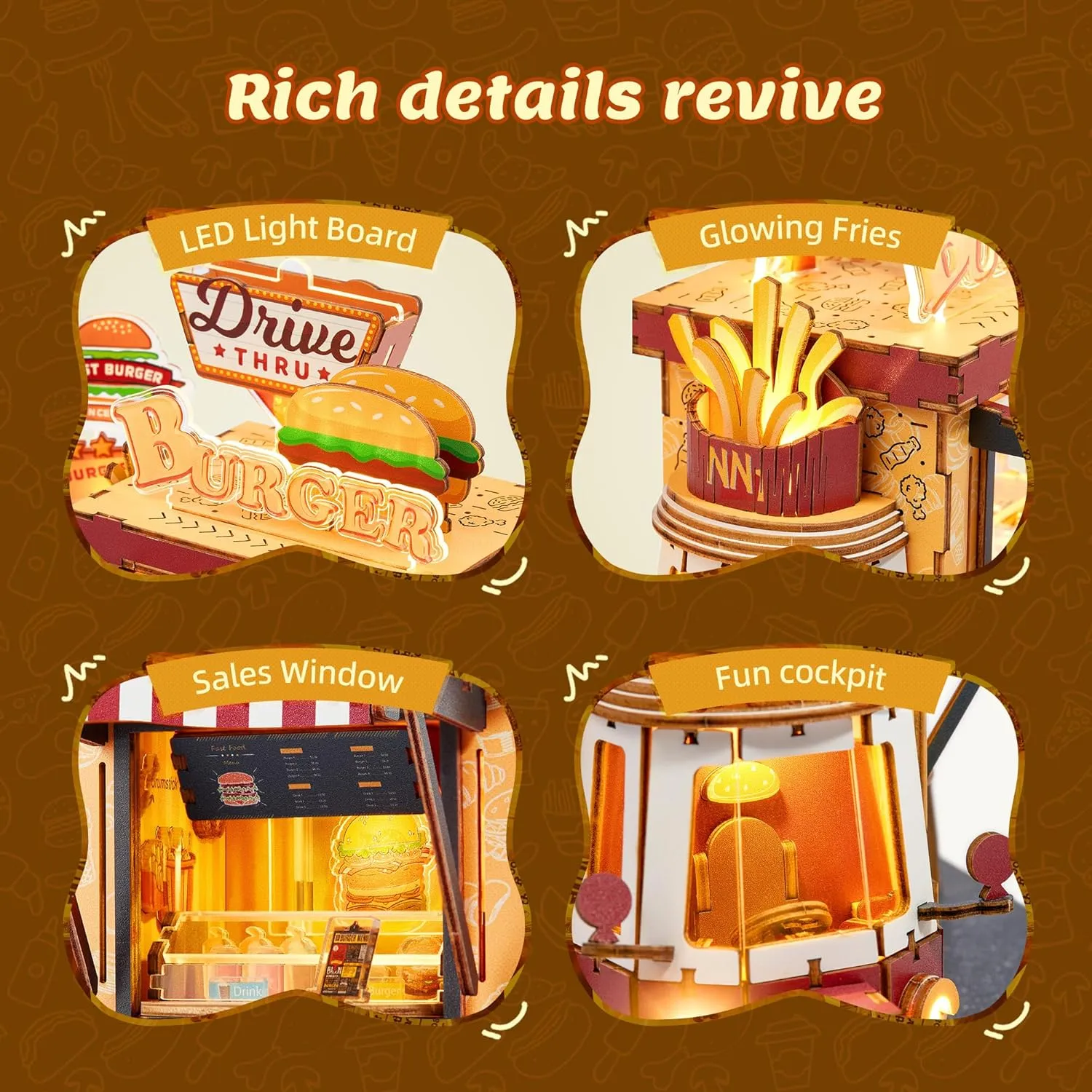 3D Puzzle Burger Truck Model - DIY Miniature Kit Dollhouse Food Truck Wooden Model with LED Lights, Unique Gift for Adults and Kids (Burger Truck)