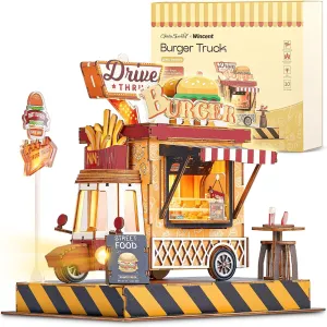 3D Puzzle Burger Truck Model - DIY Miniature Kit Dollhouse Food Truck Wooden Model with LED Lights, Unique Gift for Adults and Kids (Burger Truck)