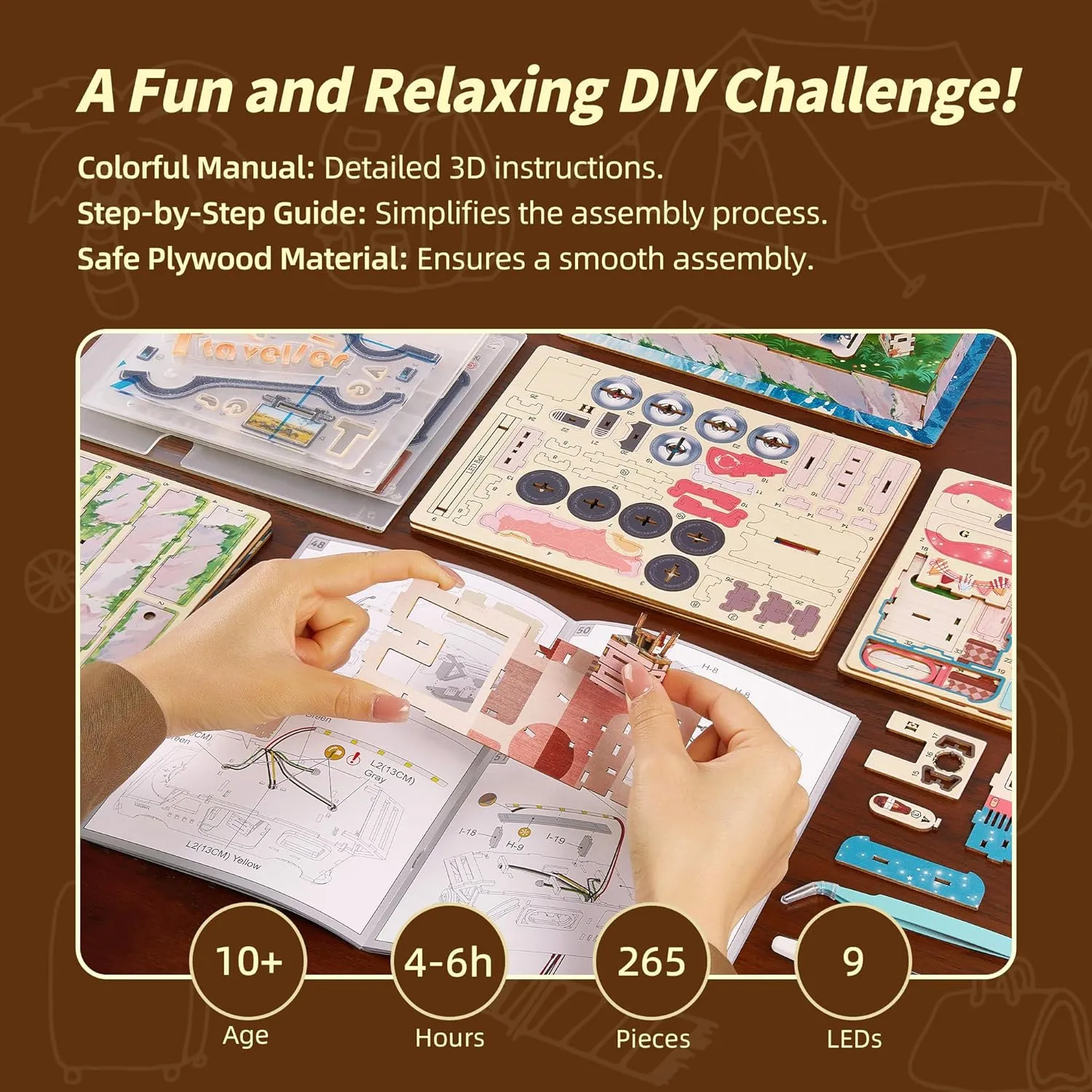 3D Puzzle Travel Truck Puzzle Model -DIY Miniature Kit Dollhouse Food Truck Wooden Model with LED Lights - Unique Gift for Adults and Kids(Camper Truck)