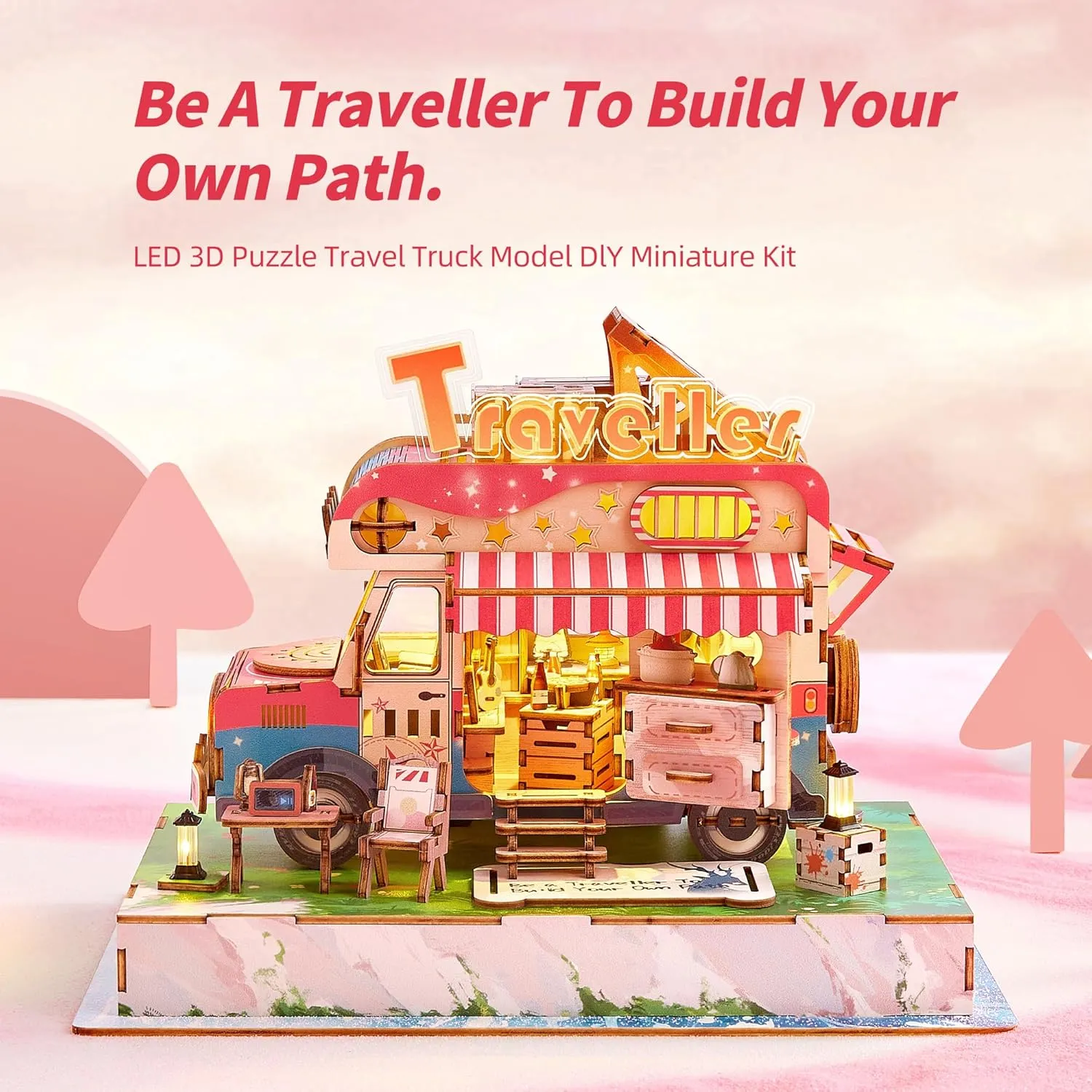 3D Puzzle Travel Truck Puzzle Model -DIY Miniature Kit Dollhouse Food Truck Wooden Model with LED Lights - Unique Gift for Adults and Kids(Camper Truck)