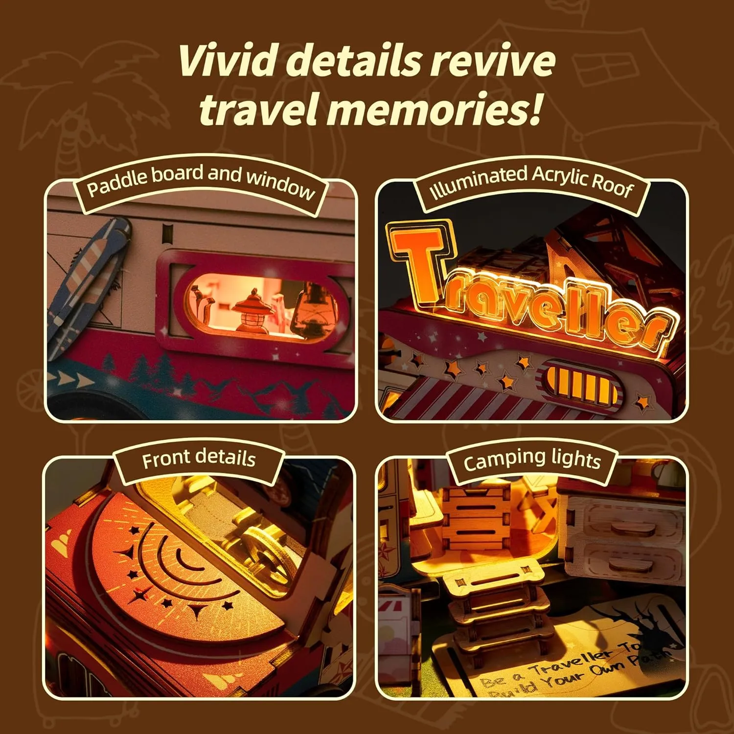 3D Puzzle Travel Truck Puzzle Model -DIY Miniature Kit Dollhouse Food Truck Wooden Model with LED Lights - Unique Gift for Adults and Kids(Camper Truck)