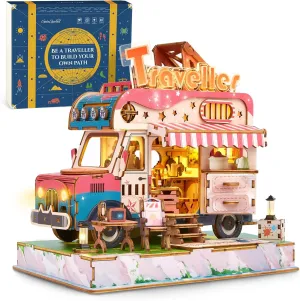 3D Puzzle Travel Truck Puzzle Model -DIY Miniature Kit Dollhouse Food Truck Wooden Model with LED Lights - Unique Gift for Adults and Kids(Camper Truck)