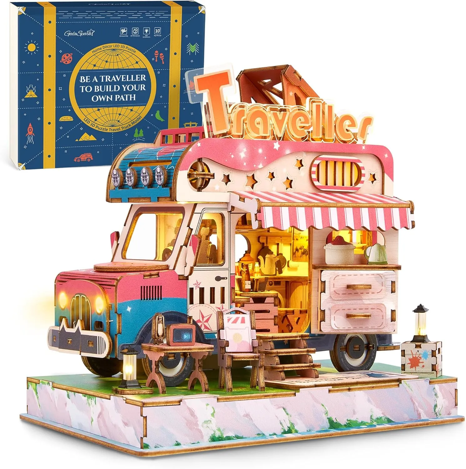 3D Puzzle Travel Truck Puzzle Model -DIY Miniature Kit Dollhouse Food Truck Wooden Model with LED Lights - Unique Gift for Adults and Kids(Camper Truck)