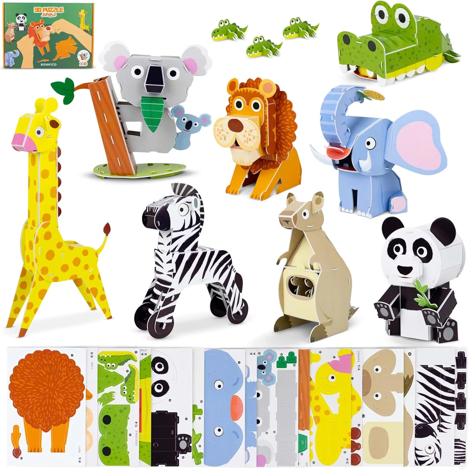 3D Puzzles for Kids Toys Jungle Animals Pack 8 - BONNYCO | 3D Puzzle Jigsaw 6-8 8-13, Educational Girl and Boy Toys, Gifts for Kids Activity, Birthday Gifts for Boys | Rompecabezas 3-D Foam, Christmas