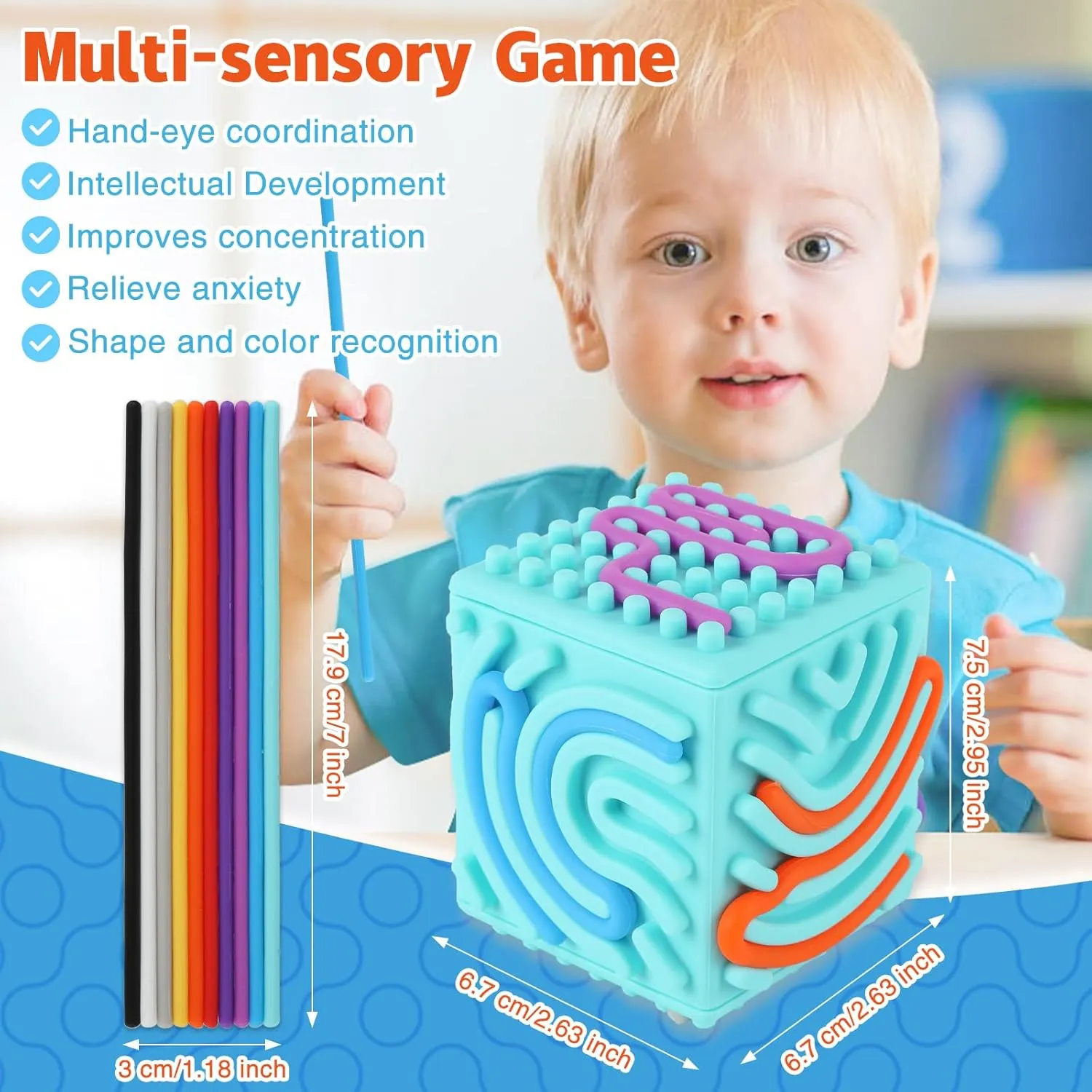 3D Silicone Sensory Activity Board, Fidget Cube Toys for Autism Anxiety Relief, Push and Peel Sensory Activity Board, Sensory Fidget Toys for Kids 3  and Adults with Autism & ADHD (Blue)