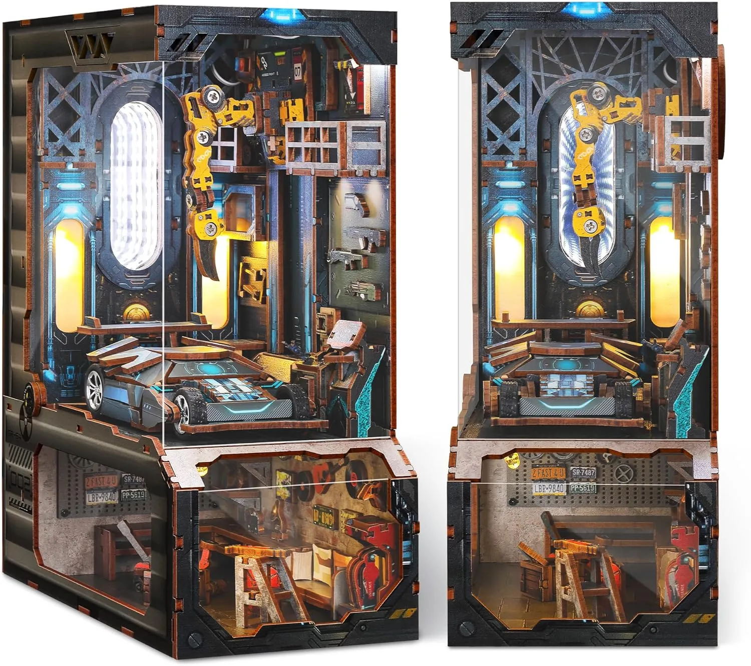 3D Wooden Puzzle Book Nook - DIY Miniature House Kit LED Illuminated Mechanical Garage Model Bookshelf Dollhouse Home Decoration Gift for Adults and Teens (Automobile Workshop)