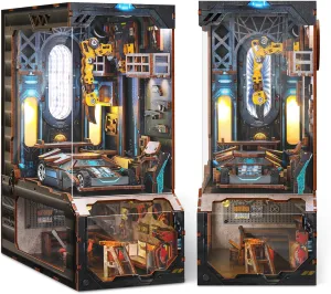 3D Wooden Puzzle Book Nook - DIY Miniature House Kit LED Illuminated Mechanical Garage Model Bookshelf Dollhouse Home Decoration Gift for Adults and Teens (Automobile Workshop)