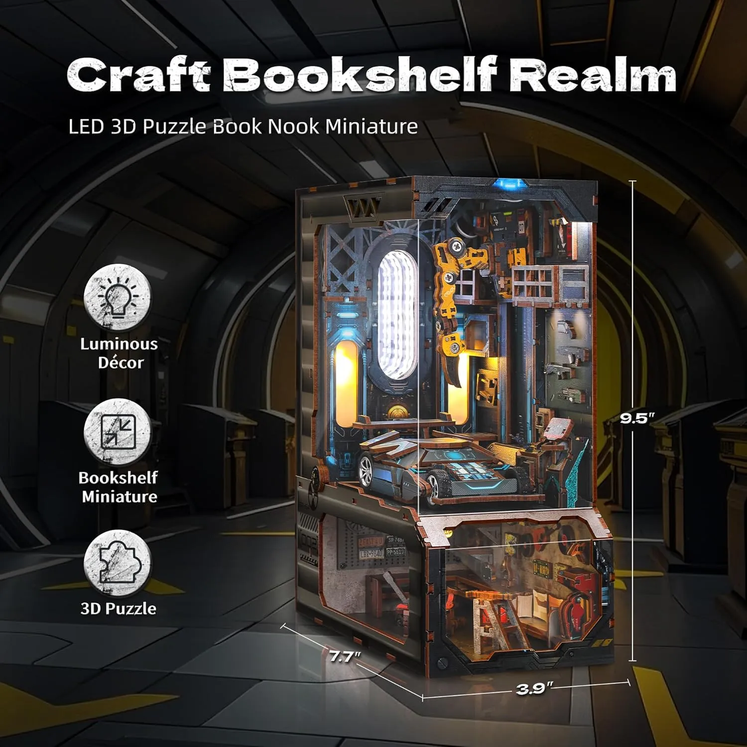 3D Wooden Puzzle Book Nook - DIY Miniature House Kit LED Illuminated Mechanical Garage Model Bookshelf Dollhouse Home Decoration Gift for Adults and Teens (Automobile Workshop)
