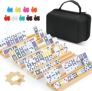 4 Players Games, Mexican Train Dominoes Set with 4 Wooden Racks, 91 Tiles, Portable Case, Double 12 Dominos Set for Adults, Board Game for Adults, Easter Basket Stuffers, Easter Gifts for Men Women