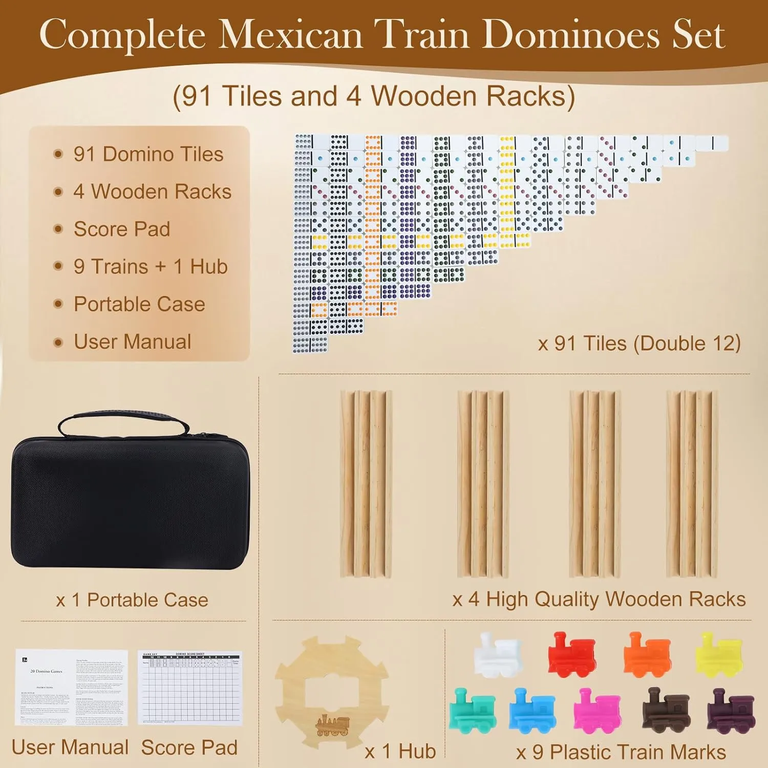 4 Players Games, Mexican Train Dominoes Set with 4 Wooden Racks, 91 Tiles, Portable Case, Double 12 Dominos Set for Adults, Board Game for Adults, Easter Basket Stuffers, Easter Gifts for Men Women