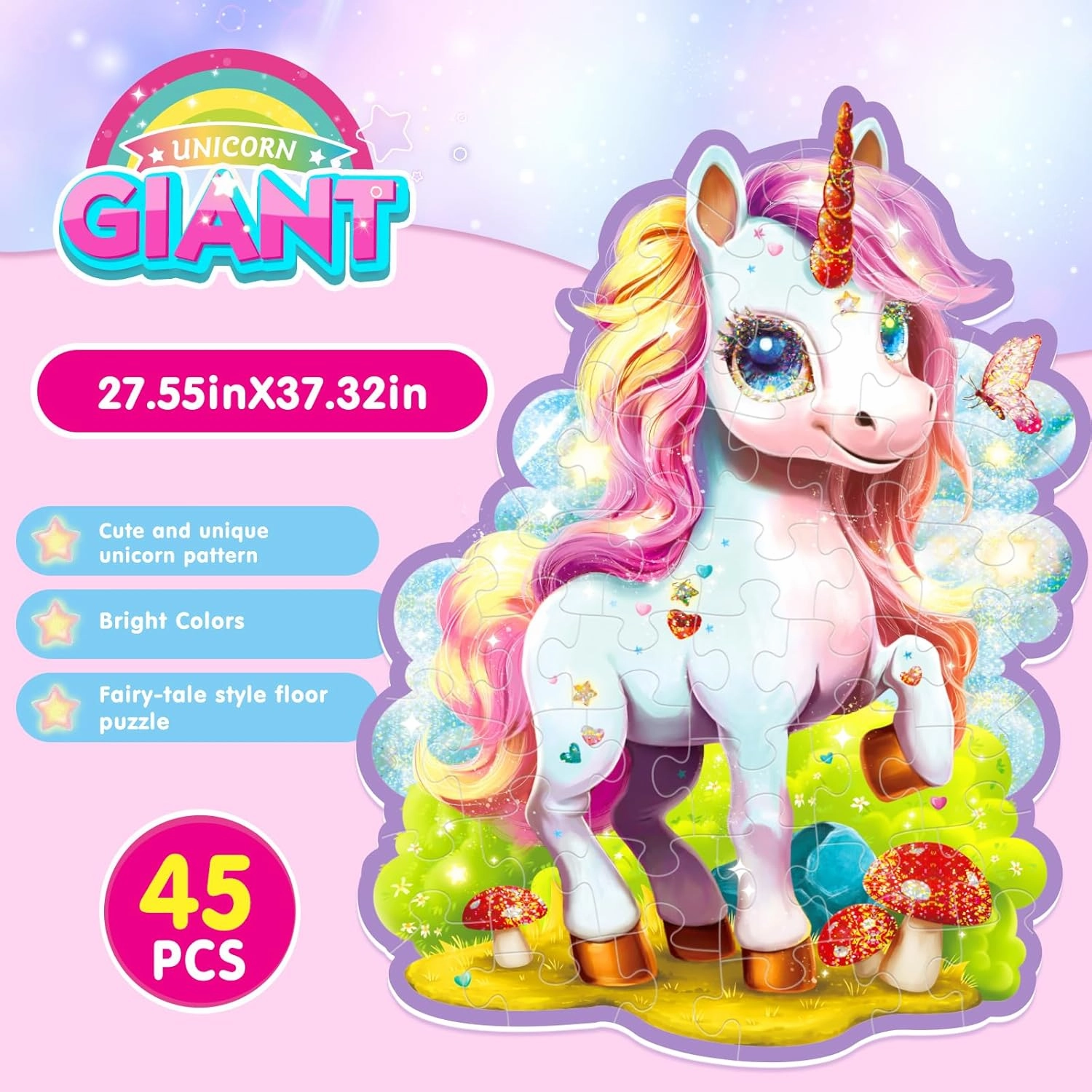 45 Pcs Unicorn Puzzles - Giant Jumbo Toddler to Kid Floor Puzzles for Ages 3-8 (Fairytail)
