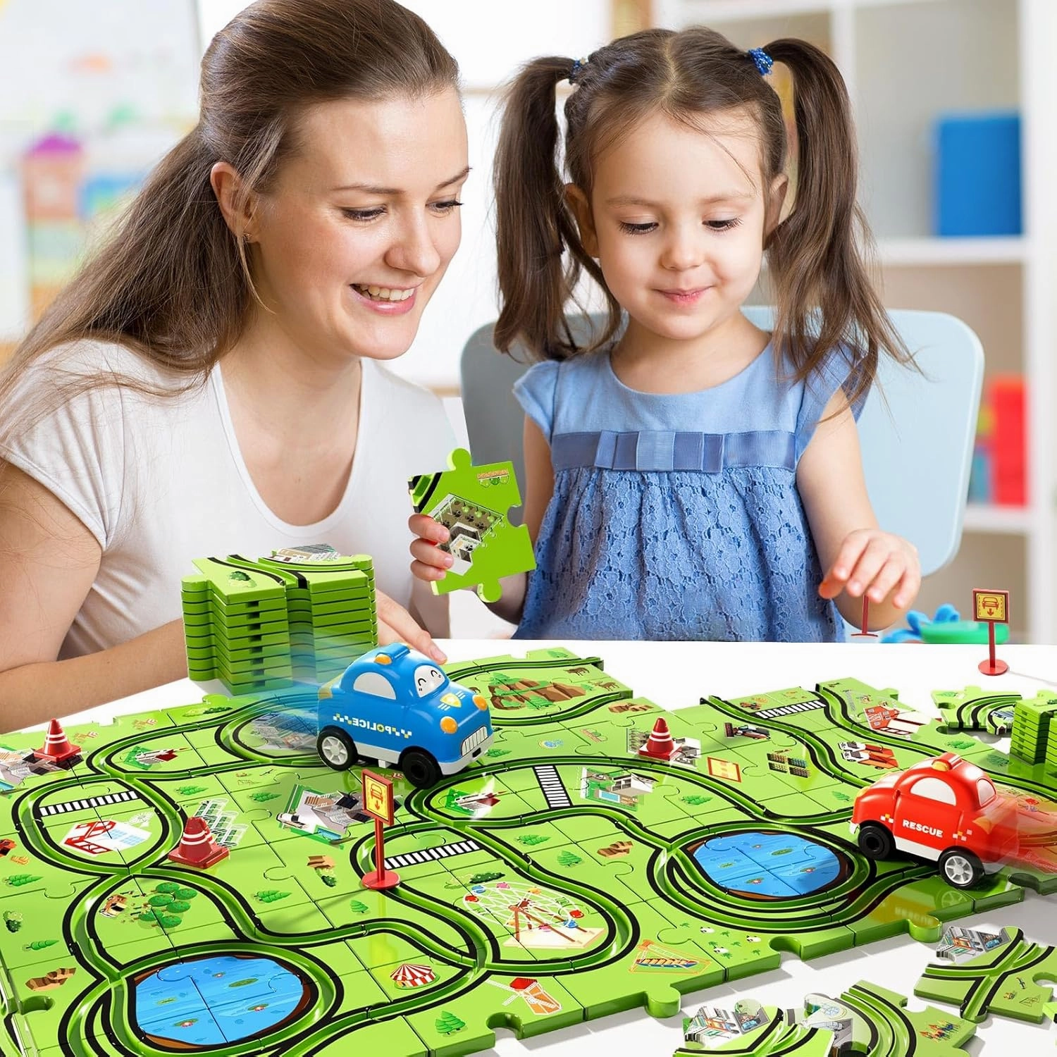 48 PCS Puzzle Race Track Car Set for Toddlers Kids Boys, Toddler Toys Gifts for 3 4 5 Year Old Boys and Girls, Puzzle Tracks Car Toys for Ages 3-5 4-6