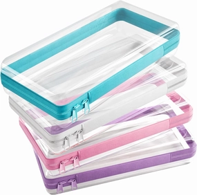 4 Pcs Clear Hard Zipper Case Hard-Sided Premium Storage Case Plastic Clear Hard Shell Zipper Pouch Portable Travel Organizer Box for Building Blocks Puzzles Cosmetics Makeup Pencil (S)