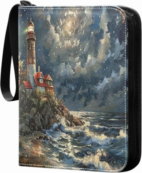 4 Pockets Trading Card Binder Oil Painting Lighthouse Holds 400 Standard Cards, Waterproof TCG CCG MTG Album, Gifts for Collectors, Boys and Girls