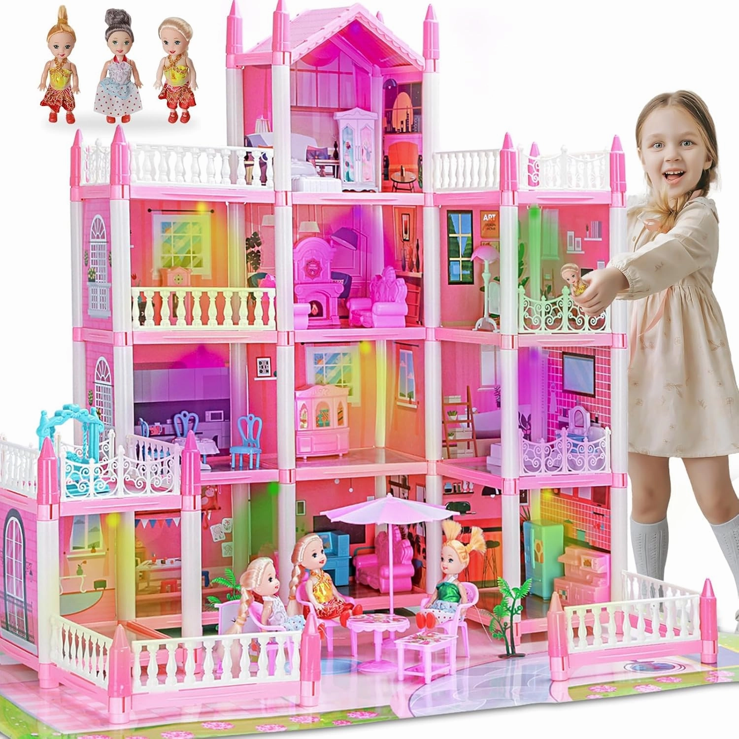 4 Stories Dollhouse for Girls, DIY Doll House Accessories Playhouse with Furniture and 11 Rooms, Pretend Play House with Lights for Kids, Portable Building Dolls Playset Toys Kit Gift for Ages 6 