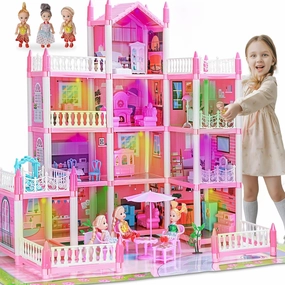 4 Stories Dollhouse for Girls, DIY Doll House Accessories Playhouse with Furniture and 11 Rooms, Pretend Play House with Lights for Kids, Portable Building Dolls Playset Toys Kit Gift for Ages 6 