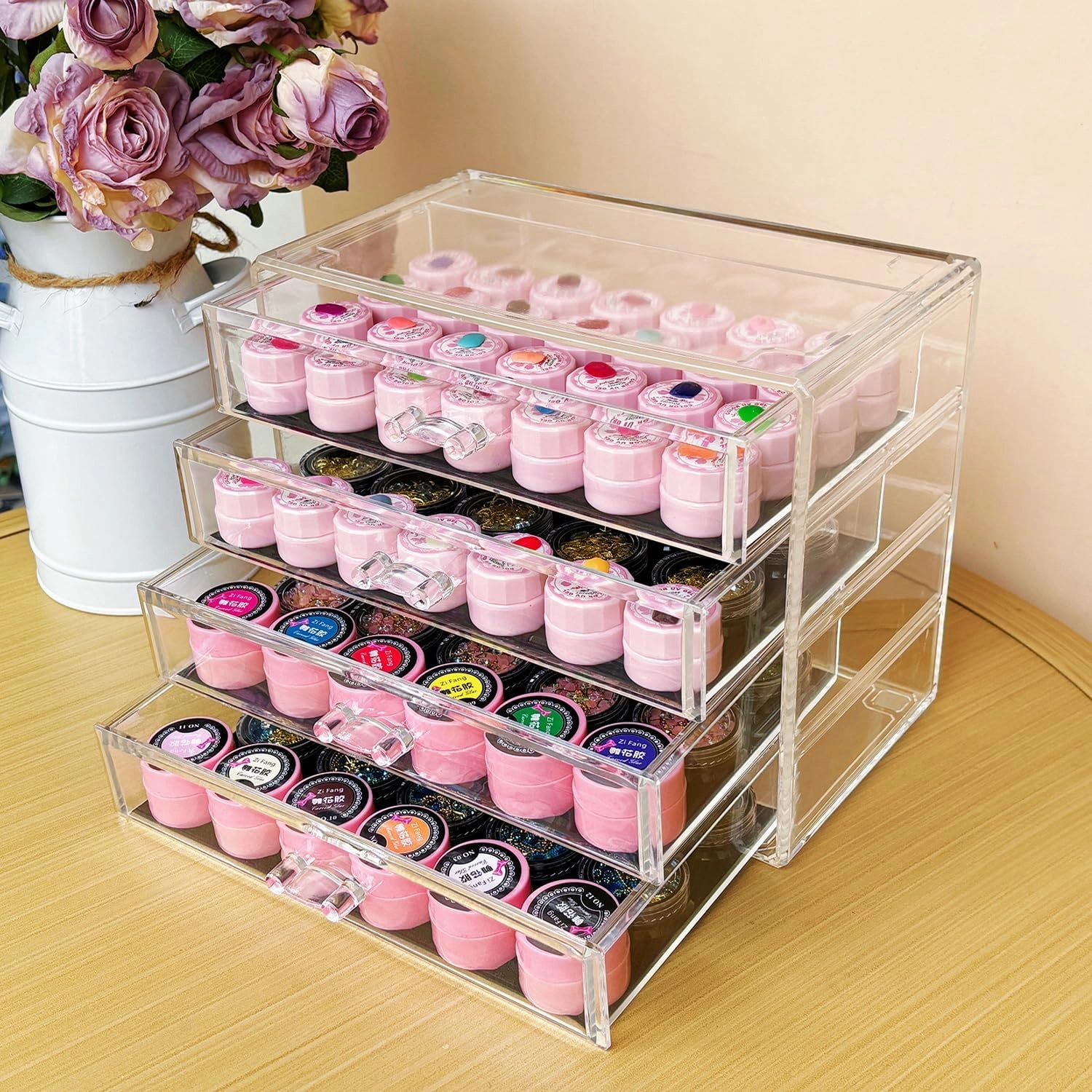 4 Tier Nail Organizers and Storage Transparent Acrylic Nail Art Jewelry Accessories Storage Box Rack Shelf Display Stand Holder for Cosmetic Jewelry Nail Table