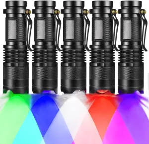 5 Pack Multi-Colored Light Flashlight: Red, Green, Blue, Cool White, UV Light for Night Activities