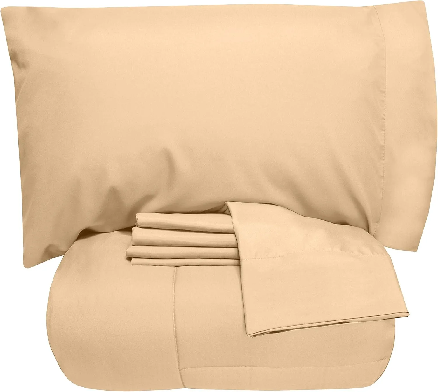 5 Piece Twin Comforter Set All Season Soft Down Alternative Blanket & Luxurious Cotton Fits Mattress Up to 18" Deep Pocket Bed 4 Piece Sheet Set Camel