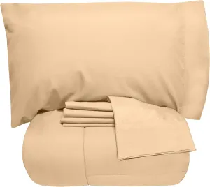 5 Piece Twin Comforter Set All Season Soft Down Alternative Blanket & Luxurious Cotton Fits Mattress Up to 18" Deep Pocket Bed 4 Piece Sheet Set Camel