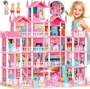 5-Story Dream Doll House for Girls with 19 Rooms, Lights, Dolls, and Furniture - Large DIY Playhouse for Grils Ages 6-16 - Perfect Imaginative STEM Gift for Birthdays & Holidays & Christmas
