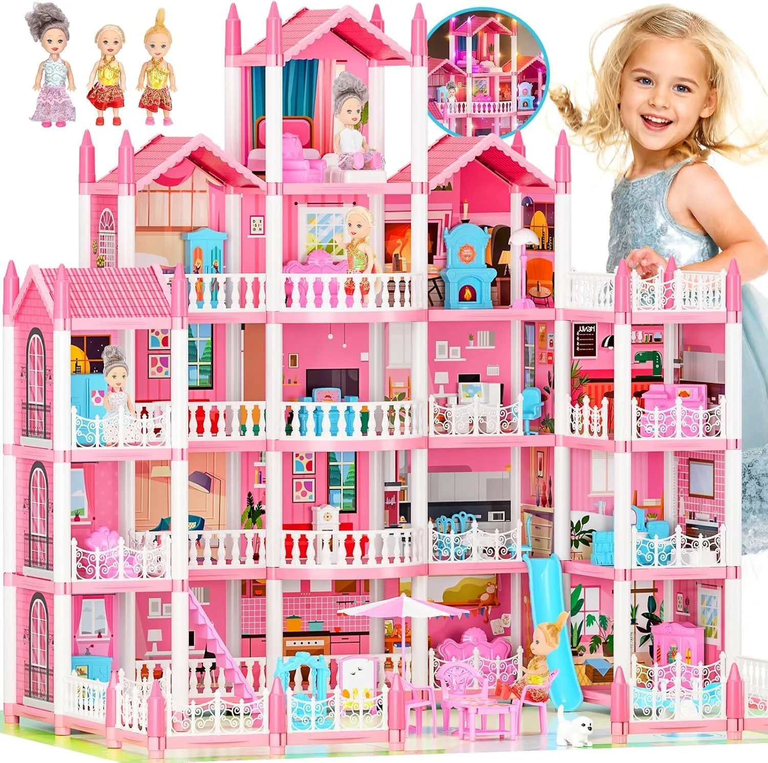 5-Story Dream Doll House for Girls with 19 Rooms, Lights, Dolls, and Furniture - Large DIY Playhouse for Grils Ages 6-16 - Perfect Imaginative STEM Gift for Birthdays & Holidays & Christmas