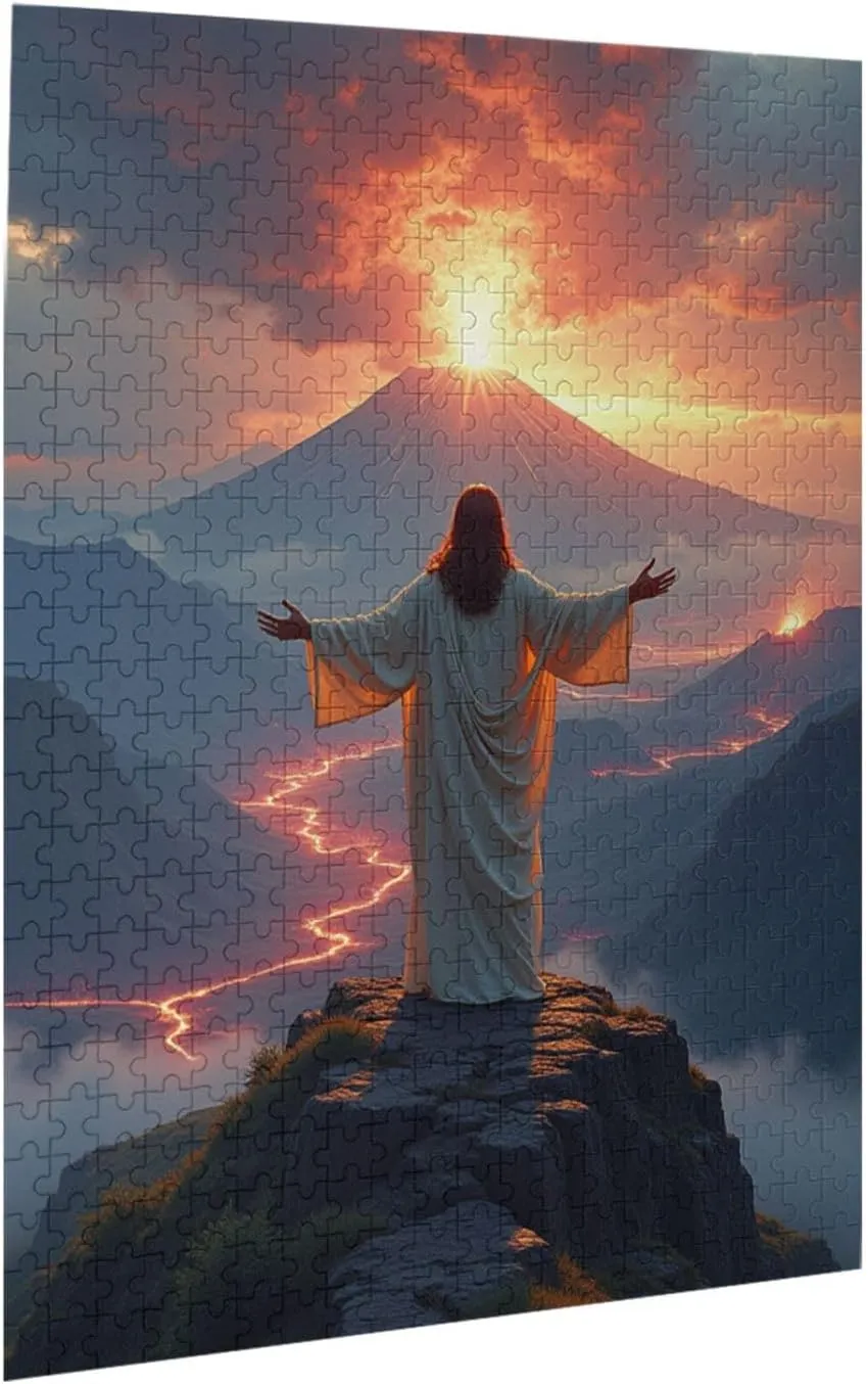 500 Piece God On Mountaintop Jigsaw Puzzle Sunrise Volcano and Lava River Adult Puzzle Challenging & Relaxing Artistic Artwork for Home Decor Unique & ThoughtProvoking Gift