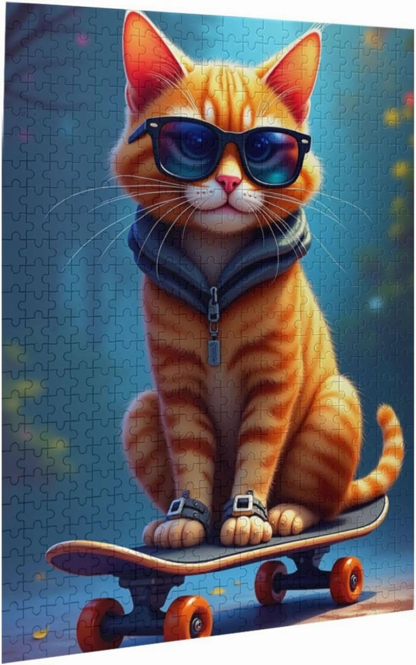 500 Piece Cool Cat Skateboarding Jigsaw Puzzle for Adults Fun & Challenging Brain Teaser Vibrant Artwork Quality Pieces Great Gift Idea for Puzzle Enthusiasts